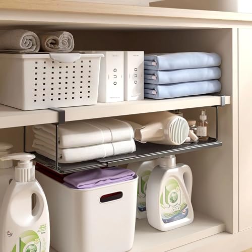 SHINEWON Expandable Under Cabinet Shelf, Extendable Under Shelf Storage with 0.94 Inches Thick Clips for Pantry Cabinet, Laundry Room, Shoe Rack. (Black, 1 Pack, Interior: 3.66" H x 8.26" D) - Image 4