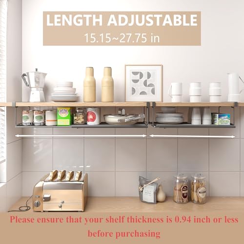 SHINEWON Expandable Under Cabinet Shelf, Extendable Under Shelf Storage with 0.94 Inches Thick Clips for Pantry Cabinet, Laundry Room, Shoe Rack. (Black, 1 Pack, Interior: 3.66" H x 8.26" D) - Image 3
