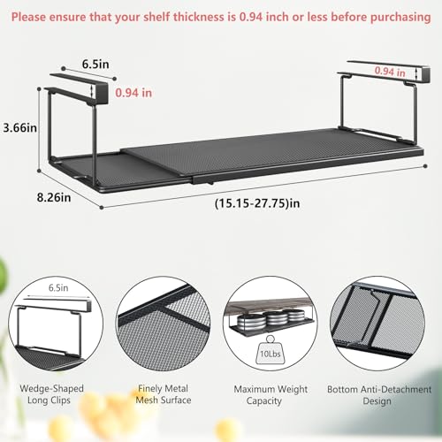 SHINEWON Expandable Under Cabinet Shelf, Extendable Under Shelf Storage with 0.94 Inches Thick Clips for Pantry Cabinet, Laundry Room, Shoe Rack. (Black, 1 Pack, Interior: 3.66" H x 8.26" D) - Image 2