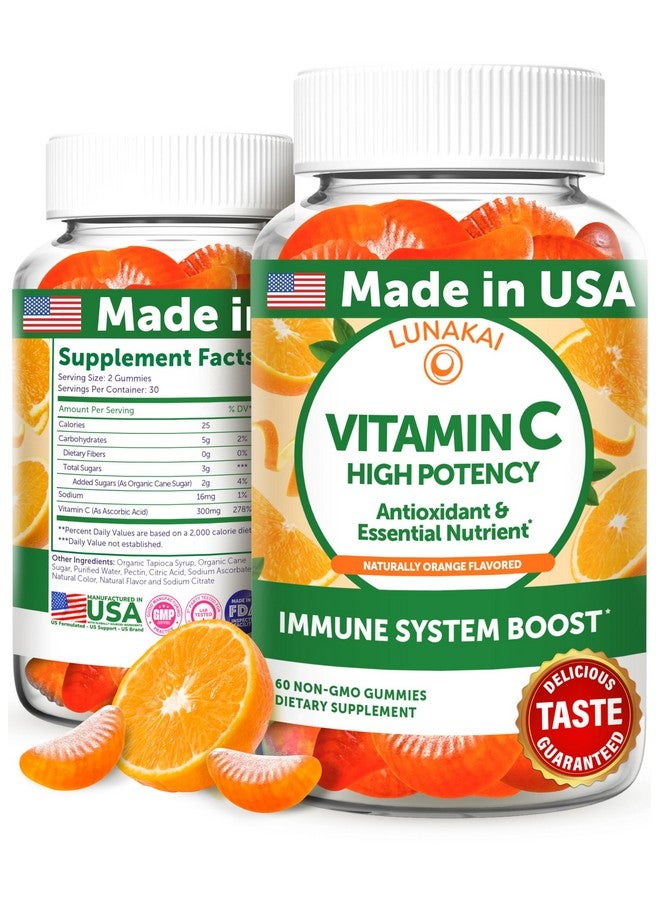 Lunakai USA Made High Potency Vitamin C Gummies for Adults and Kids - 300mg Immune Support - Non-GMO, Vegan, Delicious Orange Flavor, 60ct - Image 1