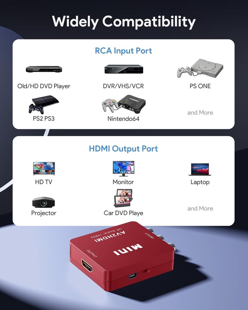 ABLEWE RCA to HDMI,AV to HDMI Converter, 1080P Mini RCA Composite CVBS Video Audio Converter Adapter Supporting PAL/NTSC for TV/PC/ PS3/ STB/Xbox VHS/VCR/Blue-Ray DVD Players, Red - Image 5