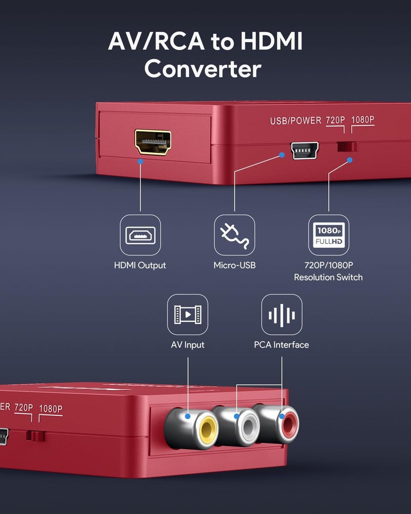 ABLEWE RCA to HDMI,AV to HDMI Converter, 1080P Mini RCA Composite CVBS Video Audio Converter Adapter Supporting PAL/NTSC for TV/PC/ PS3/ STB/Xbox VHS/VCR/Blue-Ray DVD Players, Red - Image 2