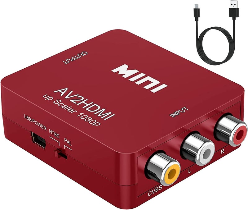 ABLEWE RCA to HDMI,AV to HDMI Converter, 1080P Mini RCA Composite CVBS Video Audio Converter Adapter Supporting PAL/NTSC for TV/PC/ PS3/ STB/Xbox VHS/VCR/Blue-Ray DVD Players, Red - Image 1