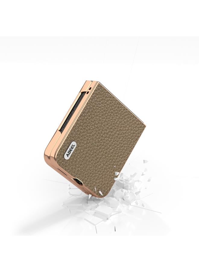 اس-توب جراب لهاتف Motorola Razr 50 Ultra من ABEEL مصنوع من الجلد الطبيعي بإطار مطلي بالكهرباء وملمس الليتشي - Image 4