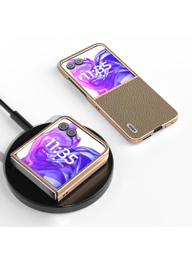 اس-توب جراب لهاتف Motorola Razr 50 Ultra من ABEEL مصنوع من الجلد الطبيعي بإطار مطلي بالكهرباء وملمس الليتشي - Image 2