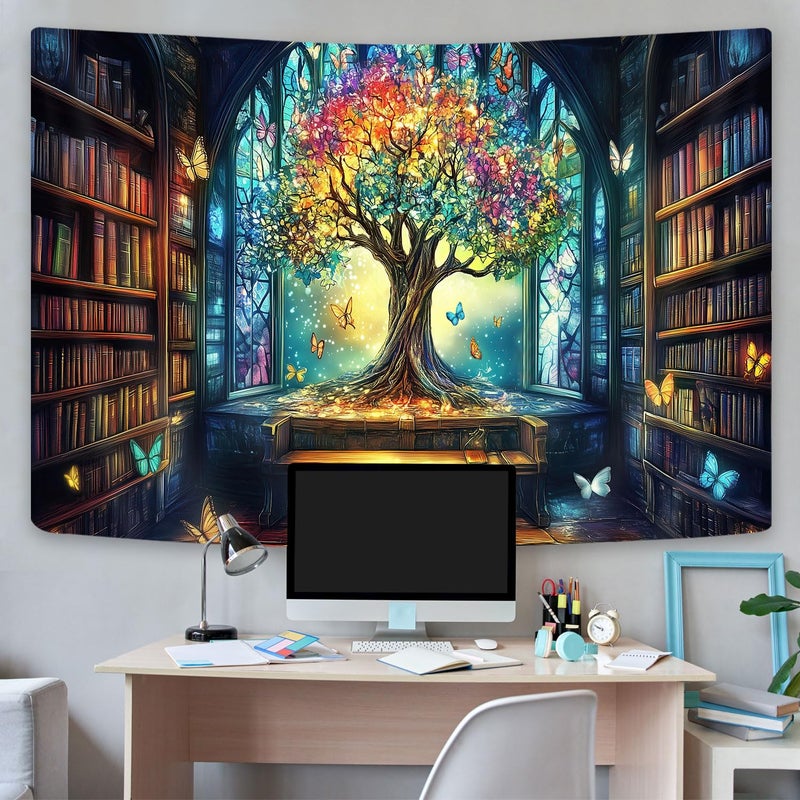 GOAOK Mysterious Library Tapestry, Fantasy Enchanted Tree Magic Bookshelf Aesthetic Tapestries for Classroom, Witchy Fairy Tree Vintage Bookshelf Book Art Tapestry Wall Hanging College Room Bedroom, 60X40 - Image 2
