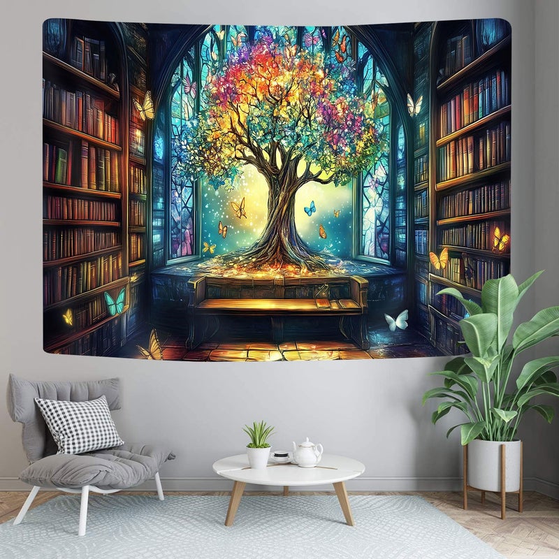 GOAOK Mysterious Library Tapestry, Fantasy Enchanted Tree Magic Bookshelf Aesthetic Tapestries for Classroom, Witchy Fairy Tree Vintage Bookshelf Book Art Tapestry Wall Hanging College Room Bedroom, 60X40 - Image 3