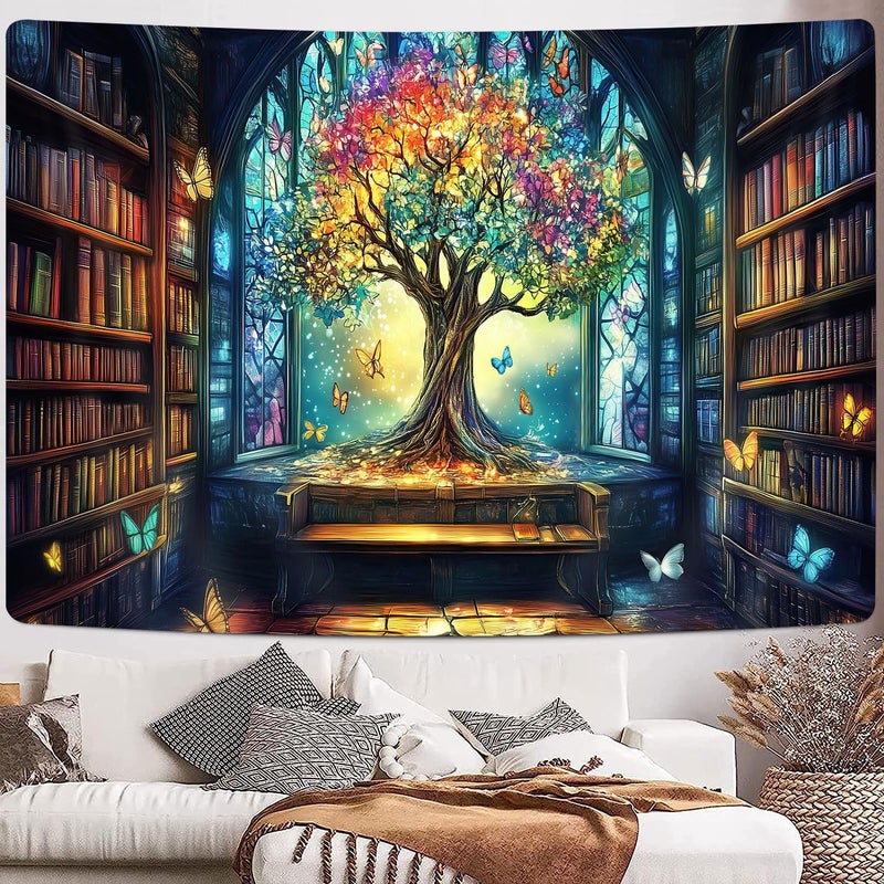 GOAOK Mysterious Library Tapestry, Fantasy Enchanted Tree Magic Bookshelf Aesthetic Tapestries for Classroom, Witchy Fairy Tree Vintage Bookshelf Book Art Tapestry Wall Hanging College Room Bedroom, 60X40 - Image 5