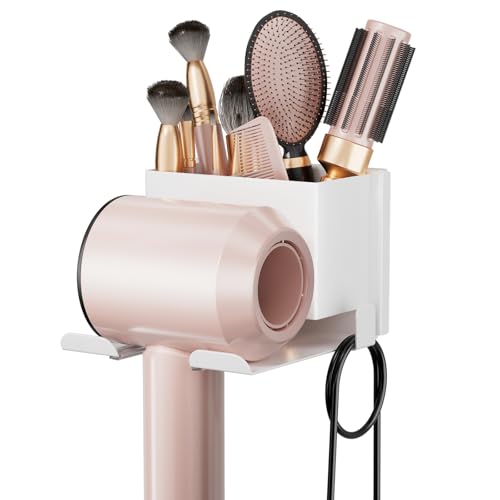 MAYZOLOP Hair Dryer Holder Wall Mounted, Hair Tools Organizer, Bathroom Space-Saving Blow Dryer Organizer Curling Irons Storage Hair Dryer Comb Attachments White (Self-Adhesive and Drilling) - Image 1