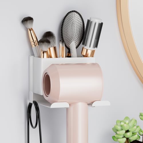 MAYZOLOP Hair Dryer Holder Wall Mounted, Hair Tools Organizer, Bathroom Space-Saving Blow Dryer Organizer Curling Irons Storage Hair Dryer Comb Attachments White (Self-Adhesive and Drilling) - Image 2