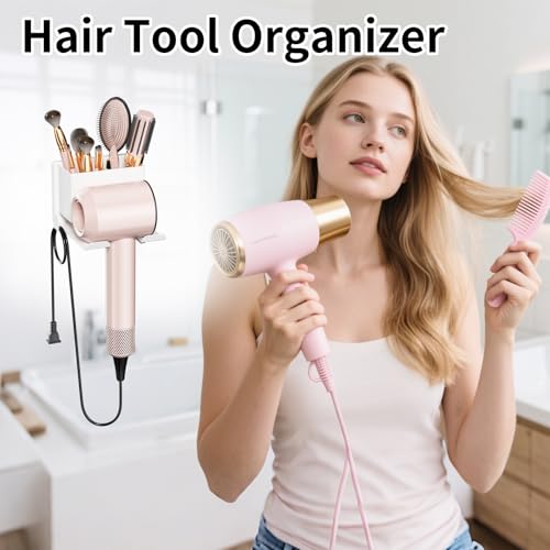 MAYZOLOP Hair Dryer Holder Wall Mounted, Hair Tools Organizer, Bathroom Space-Saving Blow Dryer Organizer Curling Irons Storage Hair Dryer Comb Attachments White (Self-Adhesive and Drilling) - Image 4