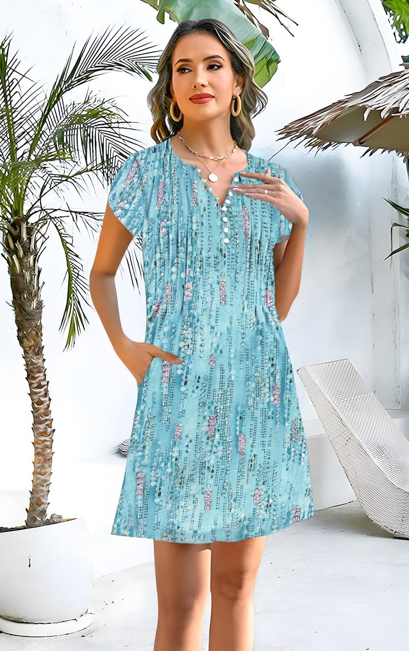 Disamer Womens Casual Dresses Short Sleeve Summer Dresses 2026 Boho Floral Beach Sundresses Spring A-Line Dress with Pockets,Dewdrop Blue,Medium - Image 1