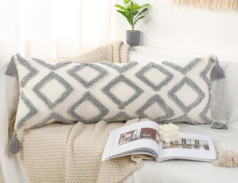 PANOD Decorative Long Lumbar Pillow Cover 16x36 Boho Super Soft Chenille Extra Long Lumbar Pillow Case Cover with Tassel for Bed Sofa Couch Farmhouse Livingroom Grey Modern Skinny - Image 2