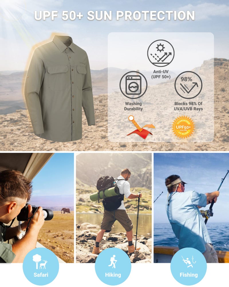 Outdoor Ventures Men's UPF 50+ UV Sun Protection Shirt, Long Sleeve Hiking Fishing Shirt Cooling Quick Dry for Safari Travel Green Gray - Image 5