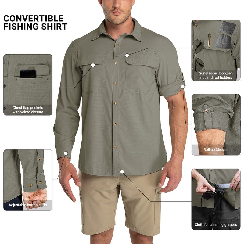 Outdoor Ventures Men's UPF 50+ UV Sun Protection Shirt, Long Sleeve Hiking Fishing Shirt Cooling Quick Dry for Safari Travel Green Gray - Image 3