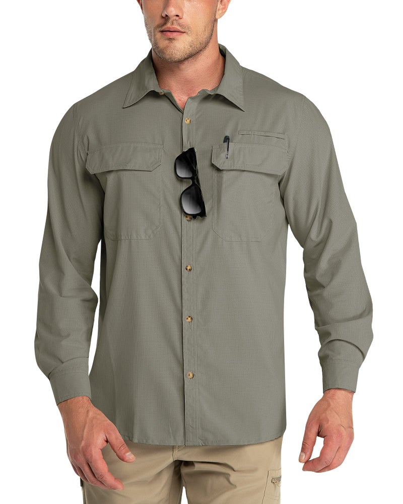 Outdoor Ventures Men's UPF 50+ UV Sun Protection Shirt, Long Sleeve Hiking Fishing Shirt Cooling Quick Dry for Safari Travel Green Gray - Image 1