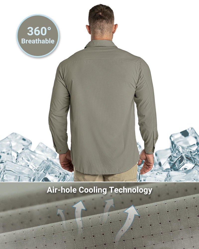 Outdoor Ventures Men's UPF 50+ UV Sun Protection Shirt, Long Sleeve Hiking Fishing Shirt Cooling Quick Dry for Safari Travel Green Gray - Image 2
