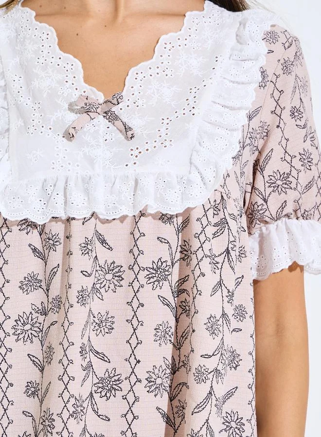 Styli  Pink Floral Linear Print Ruffle Yoke Nightdress for Women | Best Price UAE