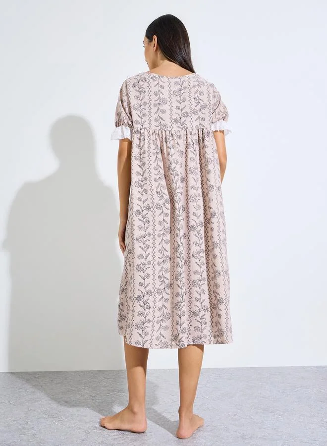 Styli  Pink Floral Linear Print Ruffle Yoke Nightdress for Women | Best Price UAE