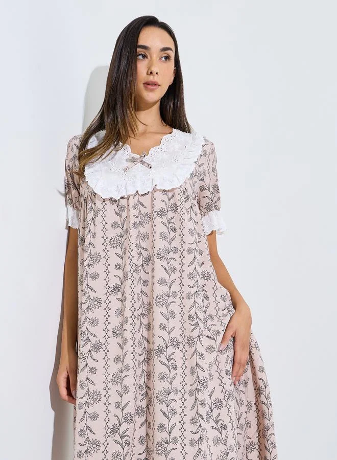 Styli  Pink Floral Linear Print Ruffle Yoke Nightdress for Women | Best Price UAE