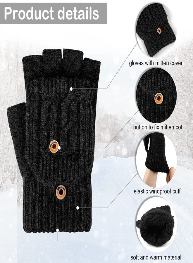 ONESING 2 Pairs Fingerless Gloves for Women Winter Fingerless Mittens with Finger Flaps Warm Convertible Mittens Stretchy Knit Womens Gloves for Cold Weather - Image 2