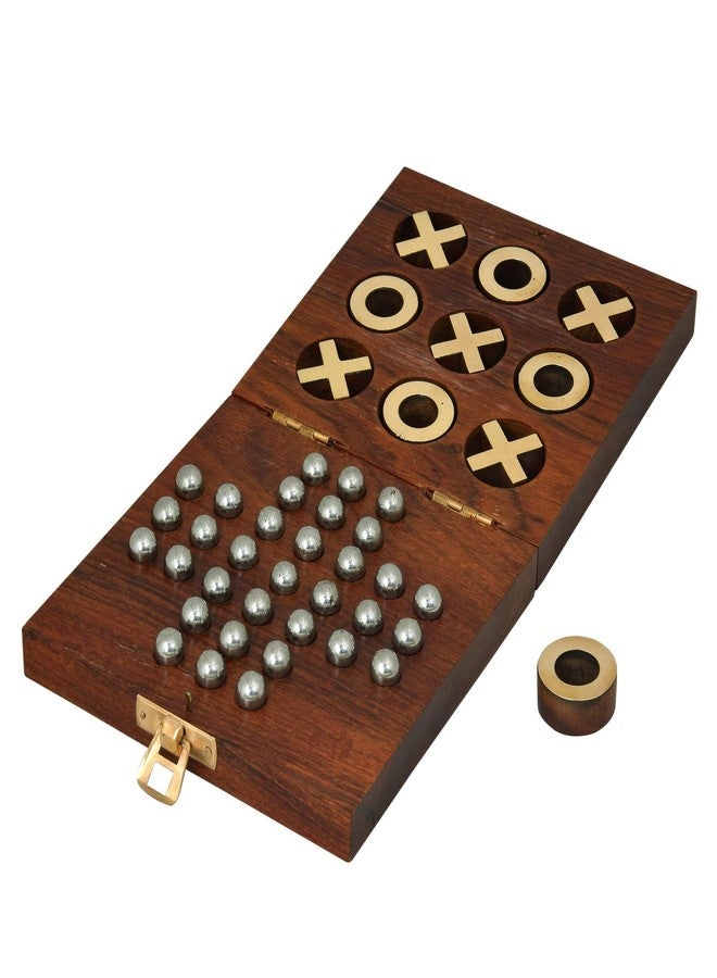Toolart Wooden Tic Tac Toe and Solitaire Board Game, Traditional Challenging Board Game for Kids and Adults (Weight: 480 Gm) - Image 1