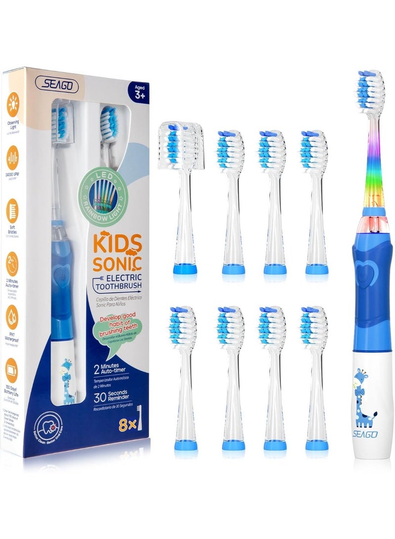 SEAGO Kids Electric Toothbrush with 2 Mins Brushing Timer and 8 Replacement Bursh Heads,Rainbow LED Light Make Brushing Fun, Blue Color Boys Battery Powerd Toothbrush for 4-12 Years Old - Image 1