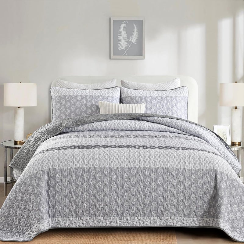 Cottolester Boho Quilt Set Full Size Gray Bohemian Quilt Bedding Set Striped Lightweight Summer Bedspread Coverlet Bedding Set 78"x90" (3 Pieces) - Image 2