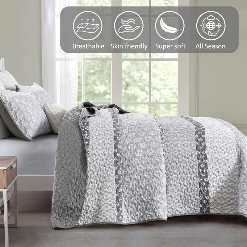 Cottolester Boho Quilt Set Full Size Gray Bohemian Quilt Bedding Set Striped Lightweight Summer Bedspread Coverlet Bedding Set 78"x90" (3 Pieces) - Image 3