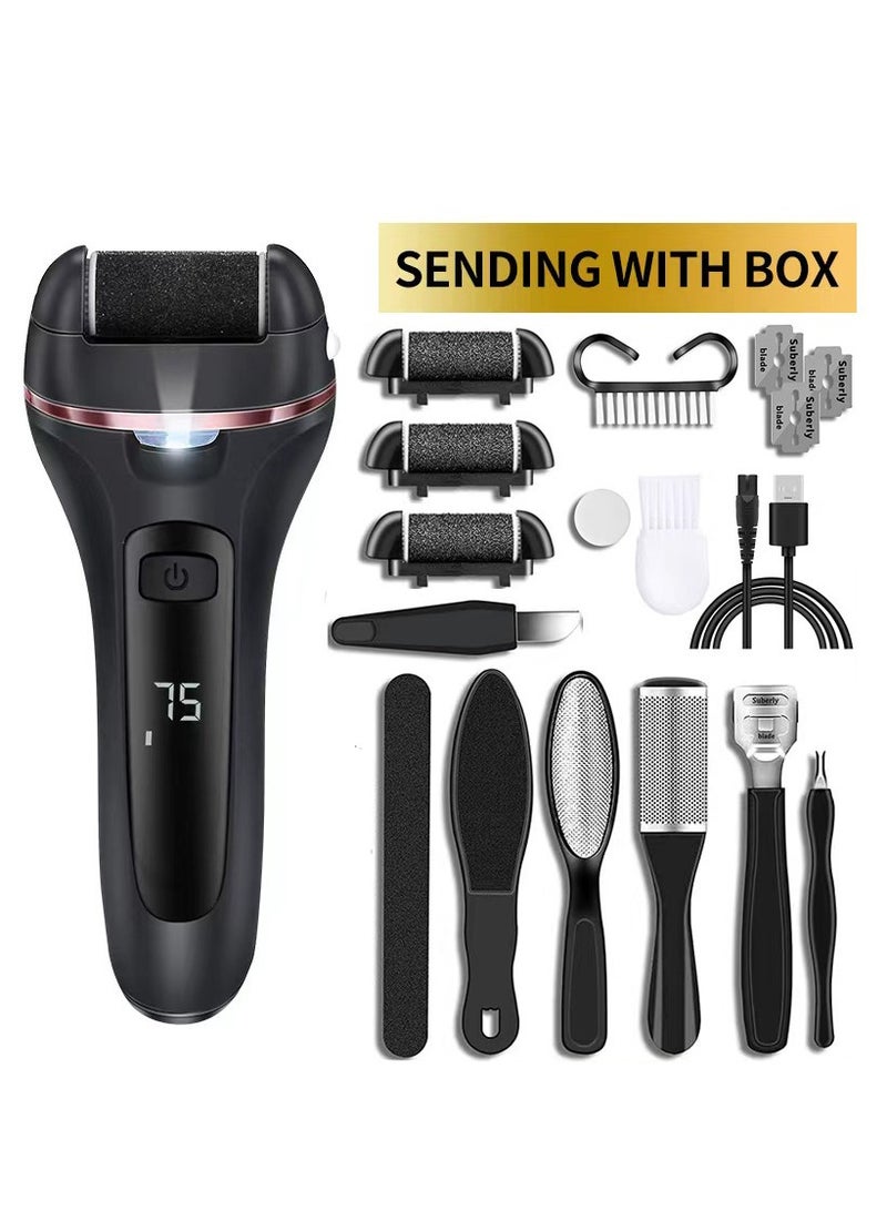 Electric Foot Callus Remover Rechargeable Portable Electronic Foot File Pedicure Kits with 3 Roller Heads & 2-Speed Power Waterproof Foot Care Scrubber File Professional Pedicure Tools Feet Hands Heels Spa (Black) - Image 1