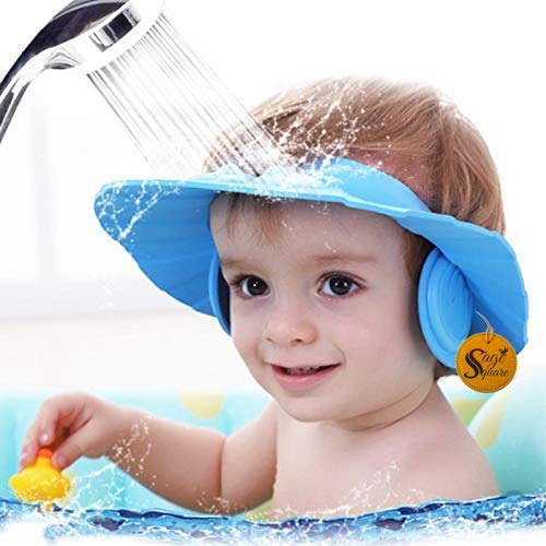 Sage Square New Adjustable Design Safe Soft Bathing Baby Shower Cap with Ear Protector (Blue) (Pack of 2) - Image 3