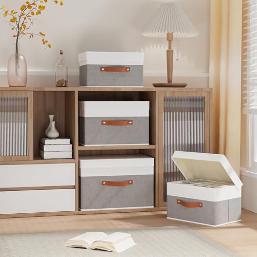 YheenLf Storage Baskets with Lids, Closet Organizer Boxes, Foldable Shelves Storage Bins with Handles, White and Grey, 3 Pack, 13 x 9.1 x 7.9 Inch - Image 2