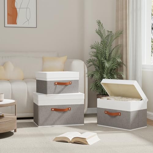 YheenLf Storage Baskets with Lids, Closet Organizer Boxes, Foldable Shelves Storage Bins with Handles, White and Grey, 3 Pack, 13 x 9.1 x 7.9 Inch - Image 3