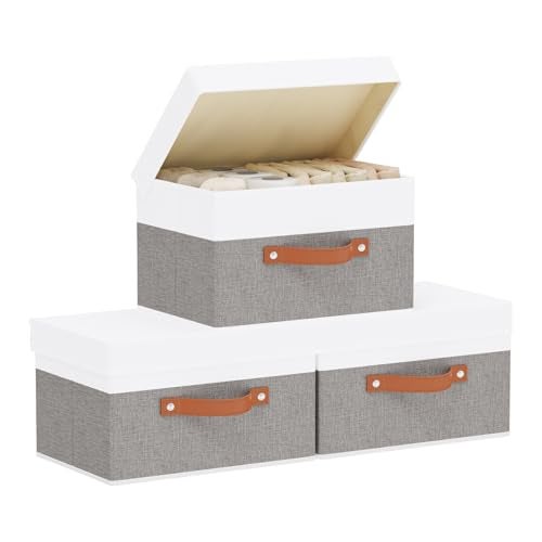 YheenLf Storage Baskets with Lids, Closet Organizer Boxes, Foldable Shelves Storage Bins with Handles, White and Grey, 3 Pack, 13 x 9.1 x 7.9 Inch - Image 1