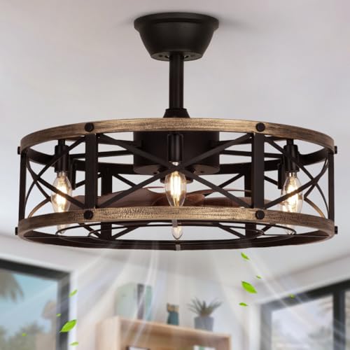 SHLUCE 22" Caged Farmhouse Ceiling Fan with Light, 6 Speeds, Rustic Fandelier Enclosed Ceiling Fans with Lights and Remote, Modern Bladeless Ceiling Fan with Light for Living Room, Bedroom - ETL - Image 1