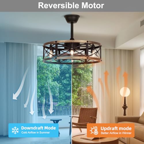 SHLUCE 22" Caged Farmhouse Ceiling Fan with Light, 6 Speeds, Rustic Fandelier Enclosed Ceiling Fans with Lights and Remote, Modern Bladeless Ceiling Fan with Light for Living Room, Bedroom - ETL - Image 4
