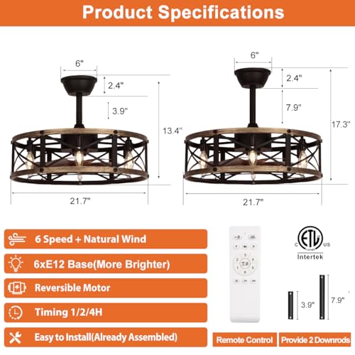 SHLUCE 22" Caged Farmhouse Ceiling Fan with Light, 6 Speeds, Rustic Fandelier Enclosed Ceiling Fans with Lights and Remote, Modern Bladeless Ceiling Fan with Light for Living Room, Bedroom - ETL - Image 2