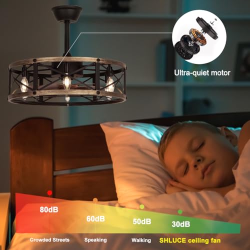 SHLUCE 22" Caged Farmhouse Ceiling Fan with Light, 6 Speeds, Rustic Fandelier Enclosed Ceiling Fans with Lights and Remote, Modern Bladeless Ceiling Fan with Light for Living Room, Bedroom - ETL - Image 5