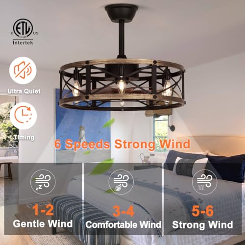 SHLUCE 22" Caged Farmhouse Ceiling Fan with Light, 6 Speeds, Rustic Fandelier Enclosed Ceiling Fans with Lights and Remote, Modern Bladeless Ceiling Fan with Light for Living Room, Bedroom - ETL - Image 3