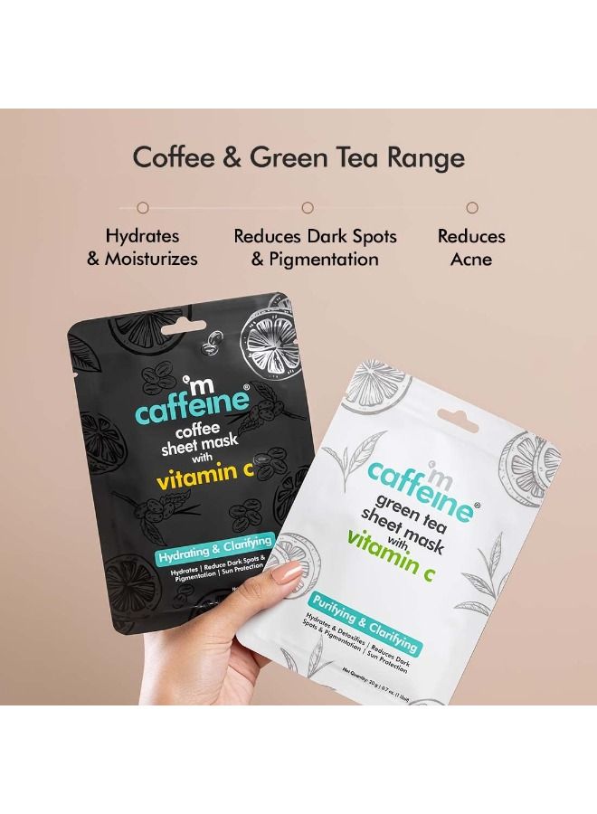 إم كافيين أقنعة أوراق الشاي الأخضر والقهوة بفيتامين C وحمض الهيالورونيك والنياسيناميد وماء جوز الهند وفاكهة مزيج AHA للبشرة الرطبة والمتوهجة - أقنعة ملاءة للوجه للنساء والرجال - 6 أقنعة - Image 2