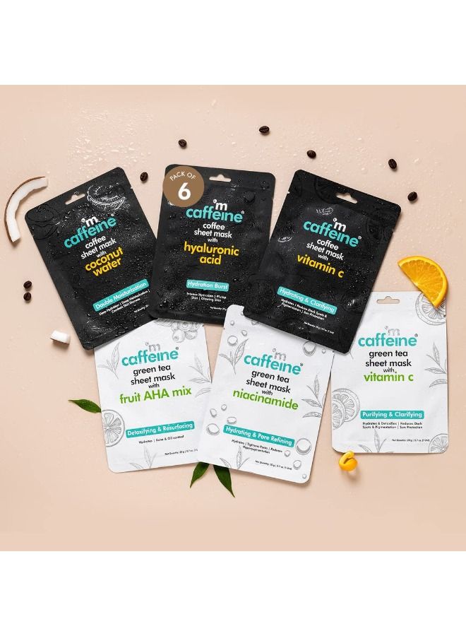 إم كافيين أقنعة أوراق الشاي الأخضر والقهوة بفيتامين C وحمض الهيالورونيك والنياسيناميد وماء جوز الهند وفاكهة مزيج AHA للبشرة الرطبة والمتوهجة - أقنعة ملاءة للوجه للنساء والرجال - 6 أقنعة - Image 1
