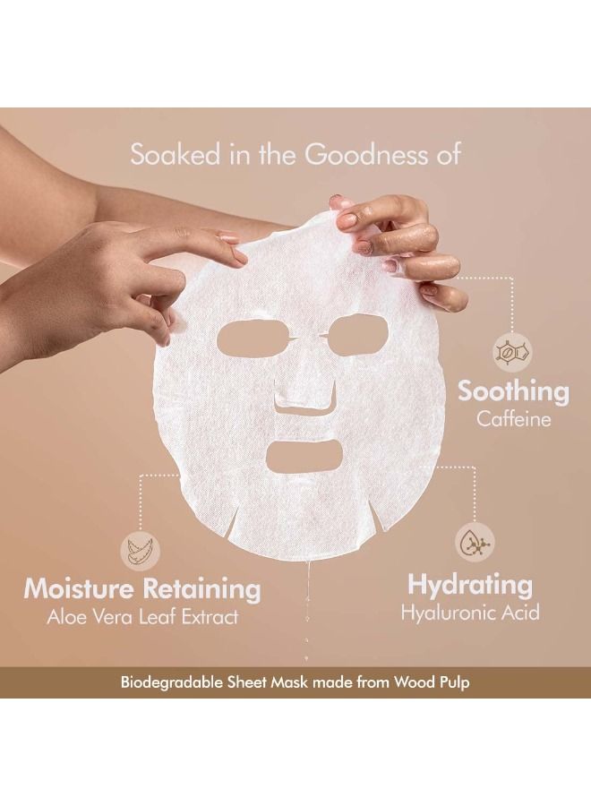 إم كافيين أقنعة أوراق الشاي الأخضر والقهوة بفيتامين C وحمض الهيالورونيك والنياسيناميد وماء جوز الهند وفاكهة مزيج AHA للبشرة الرطبة والمتوهجة - أقنعة ملاءة للوجه للنساء والرجال - 6 أقنعة - Image 4