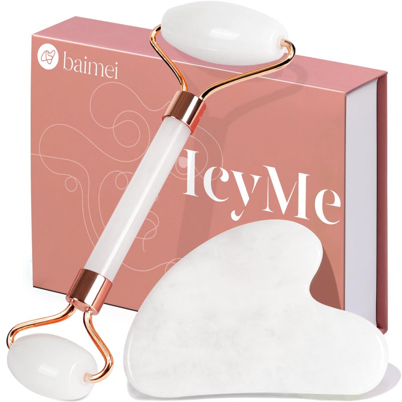 BAIMEI IcyMe Jade Roller & Gua Sha Set Face Roller and Gua Sha Facial Tools for Skin Care Routine and Puffiness, Self Care Gift for Men Women - White - Image 1