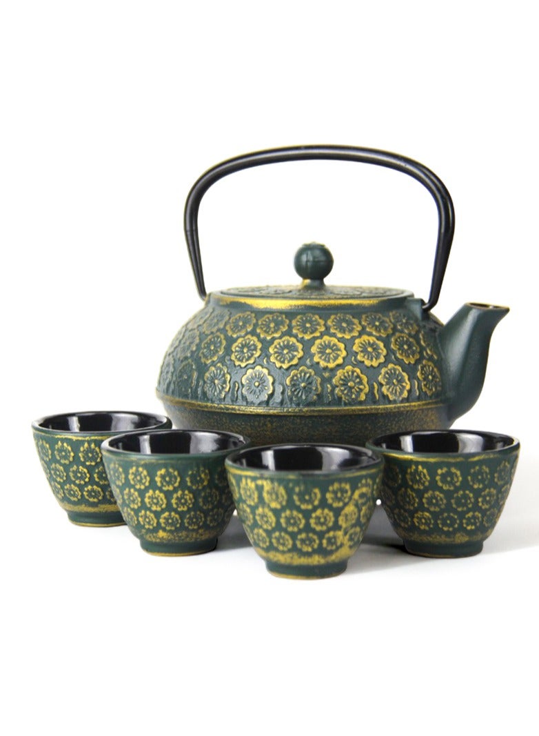 تيلاند طقم إبريق شاي من الحديد الزهر مطلي بالمينا ومتين مع مصفاة من الفولاذ المقاوم للصدأ لتخمير أوراق الشاي السائبة سعة 1 لتر مع 4 أكواب (زهرة)، أخضر - Image 1
