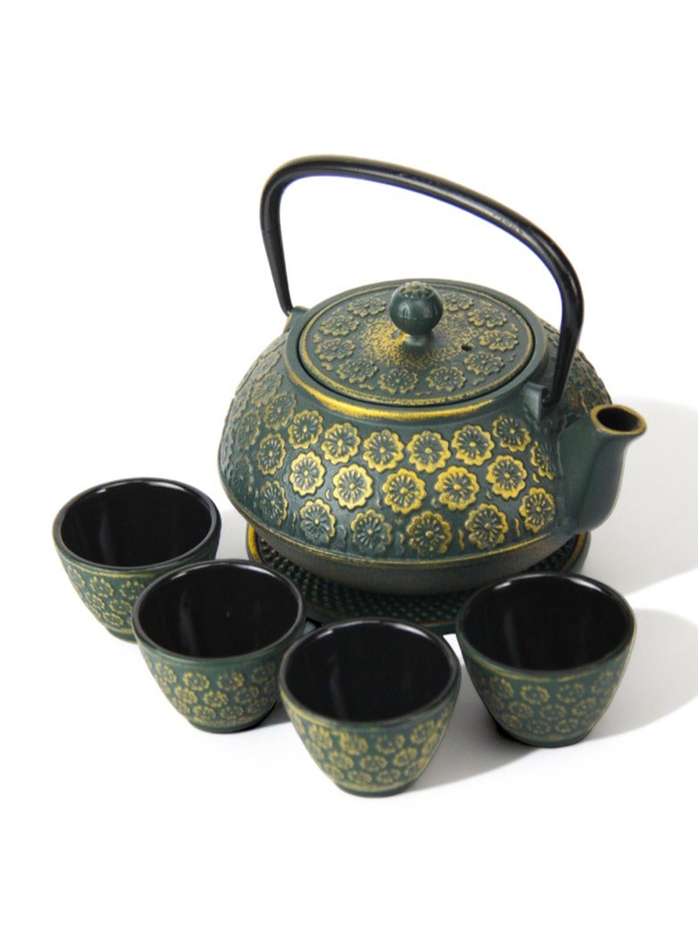 تيلاند طقم إبريق شاي من الحديد الزهر مطلي بالمينا ومتين مع مصفاة من الفولاذ المقاوم للصدأ لتخمير أوراق الشاي السائبة سعة 1 لتر مع 4 أكواب (زهرة)، أخضر - Image 5