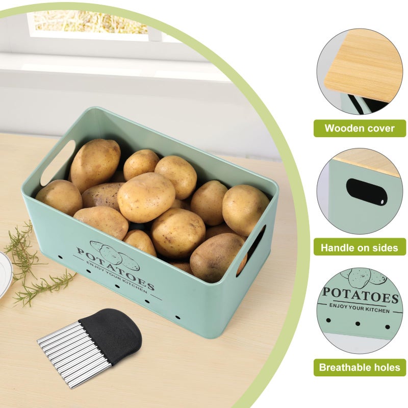 Dekosilave Kitchen Vegetable Storage Set of 3, Metal Onion Garlic Potato Storage Set, Kitchen Canisters Vegetable Keeper Containers with Aerating Holes and Wooden Lid (Sage Green) - Image 3