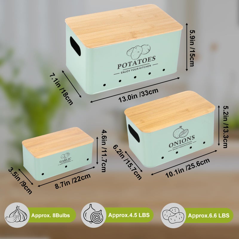Dekosilave Kitchen Vegetable Storage Set of 3, Metal Onion Garlic Potato Storage Set, Kitchen Canisters Vegetable Keeper Containers with Aerating Holes and Wooden Lid (Sage Green) - Image 5