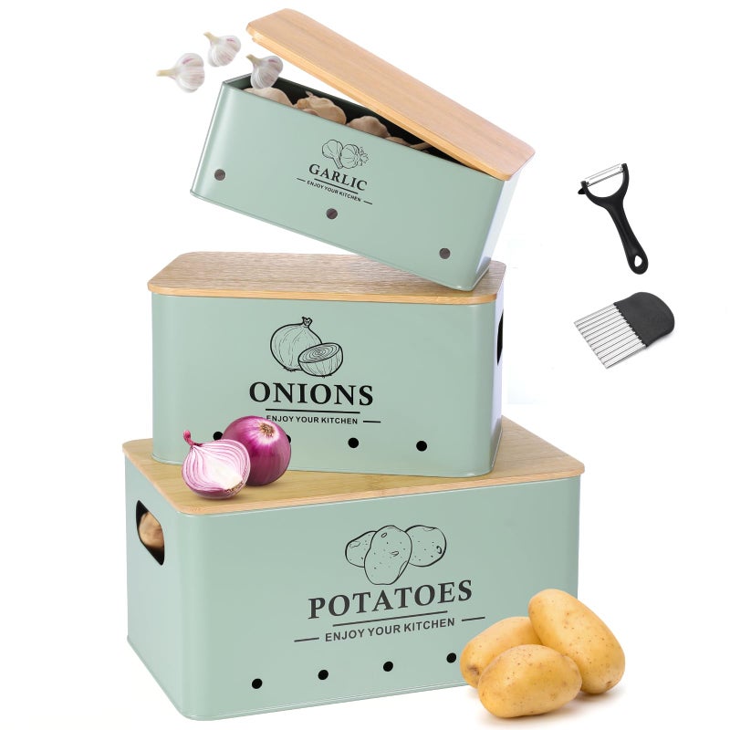 Dekosilave Kitchen Vegetable Storage Set of 3, Metal Onion Garlic Potato Storage Set, Kitchen Canisters Vegetable Keeper Containers with Aerating Holes and Wooden Lid (Sage Green) - Image 1