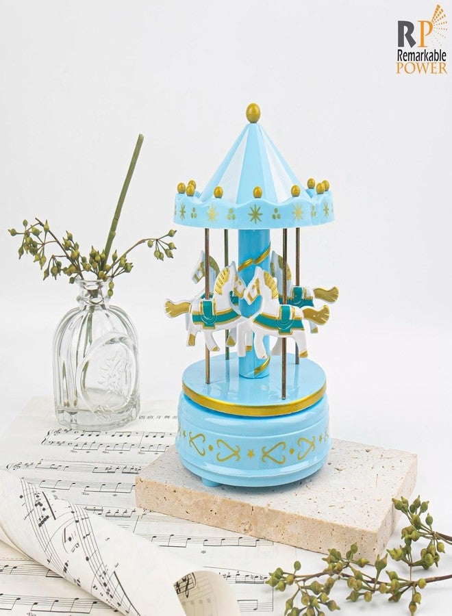 Jamboree!!! Carousel Music Box with Horses - Vintage Rotating Merry-Go-Round, Handcrafted Musical Toy for Girls, Birthday with Love Design (Blue) - Image 4