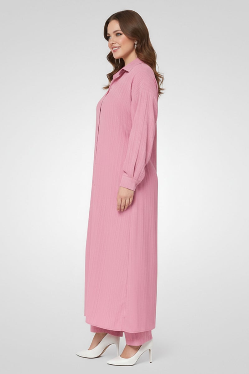 ANNE KLEIN Women 2 Pieces Textured Long Shirt And Palazzo Pants Set, Pink - Image 3